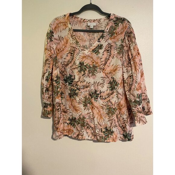 J. Jill Love Linen Womens Tropical Print V-Neck Top With 3/4 Sleeves Size L - Picture 1 of 7